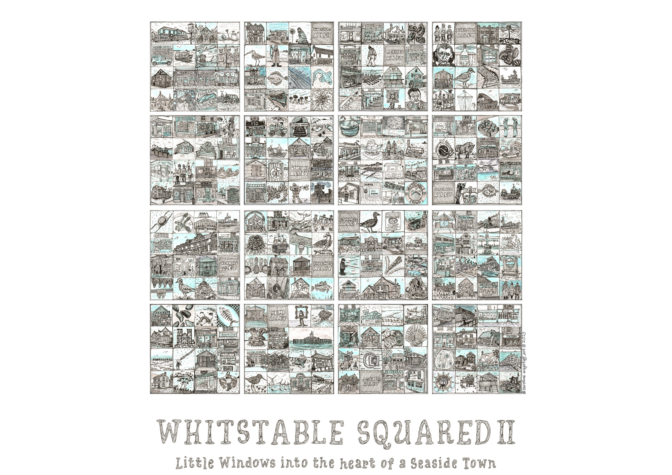 Close up of 'Whitstable Squared II' llustrated grid of small images in squares